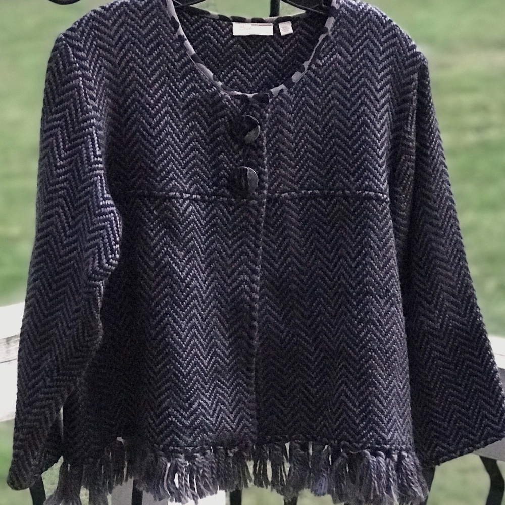 CHOICES 2 Button Black & Gray 3/4 Sleeve Jacket w/Fringe | L/PXL